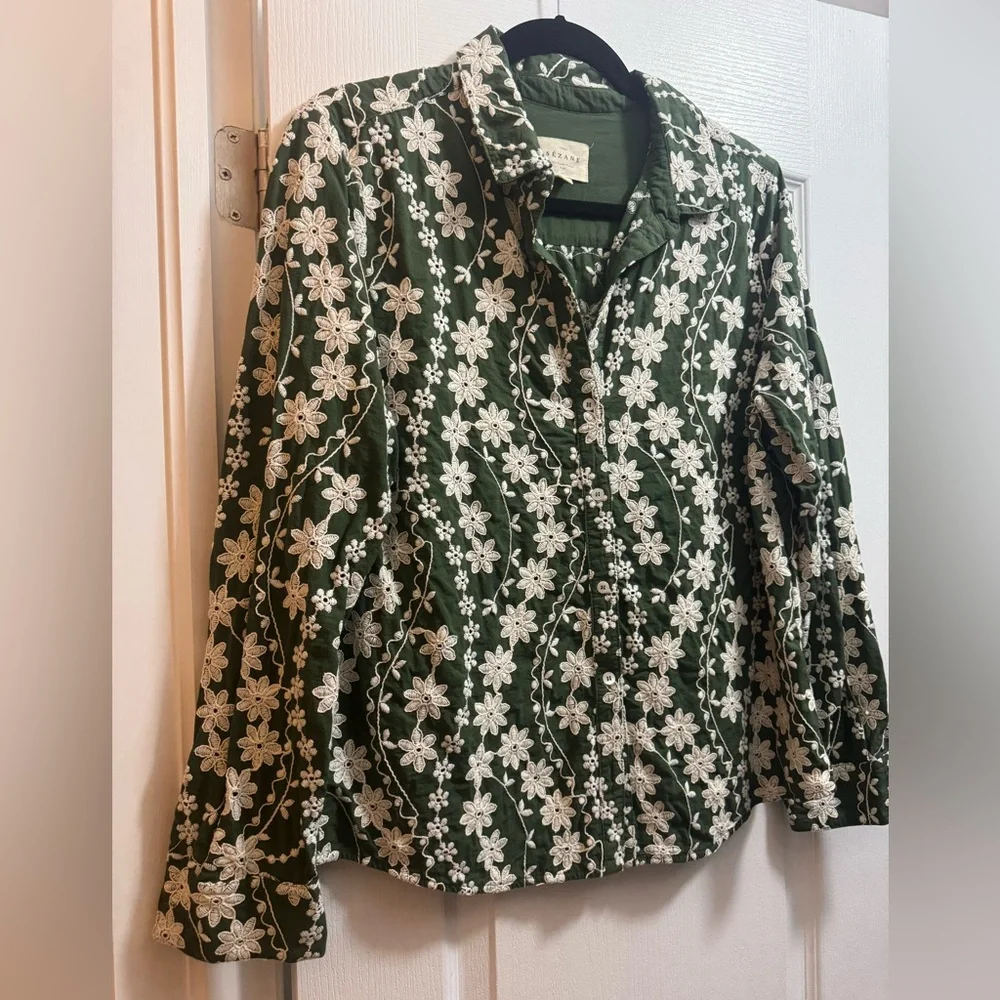 Sezane Green Floral Embroidered Button-Up Blouse - Picture 3 of 6